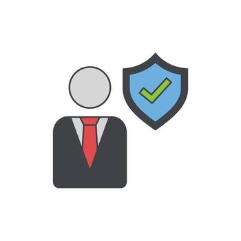 Security and Protection Concept A person in a suit and tie next to a shield with a checkmark, symbolizing safety and security vector
