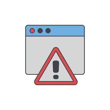 Digital warning icon on a browser window, representing an online alert or error message, with a red triangle and exclamation mark vector