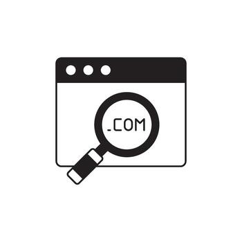 Domain Name Search magnifying glass icon on a computer screen with .COM text, representing online search and website ownership vector