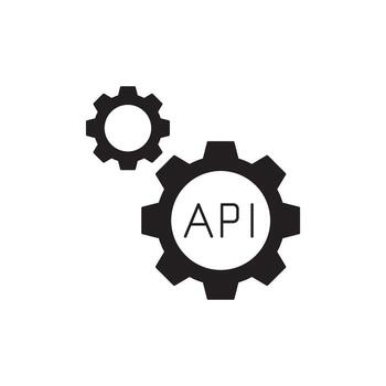 API integration and networking concepts represented by interlocking gears and the word API in black and white vector