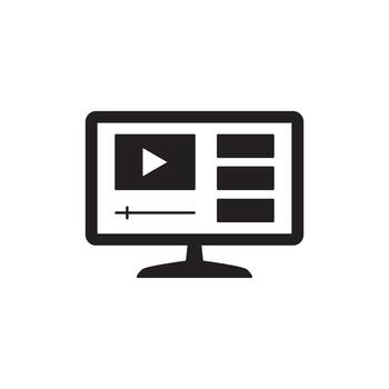 Simple black and white icon of a computer monitor displaying a player interface with play button and progress bar vector