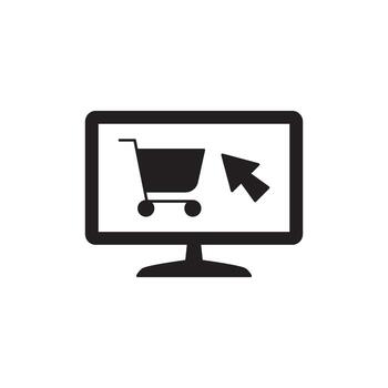 Computer screen displaying a shopping cart icon with a cursor arrow, representing online shopping and e-commerce vector