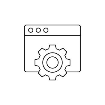 A minimalist black and white line art illustration of a computer browser window with a gear cog symbol overlaid, representing settings or configuration vector