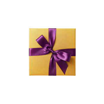 A Bright Yellow Gift Box Tied With a Purple Ribbon Rests on a Smooth Surface png