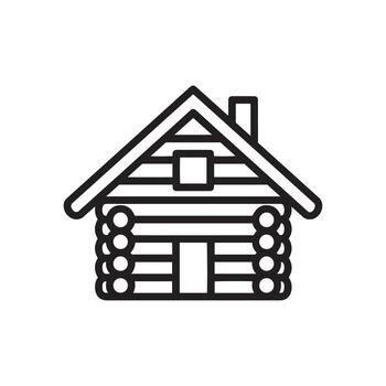 Simple log cabin icon with window and chimney, line art style. vector
