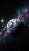 planet jord roterande i djup Plats nära en galax med flytande stenar video