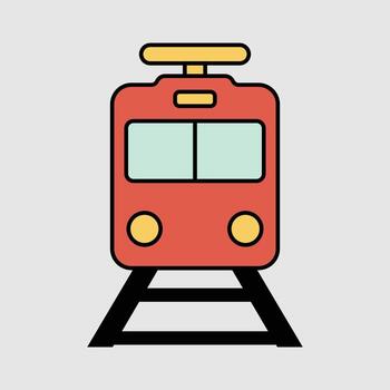 Illustration of a cartoon train with yellow top and red body, on black rails, against a light gray background, presented in a clean, modern, and simplified graphic style vector