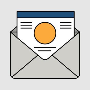 Open envelope with a document containing an orange circle graphic, symbolizing communication, correspondence, and digital messaging vector