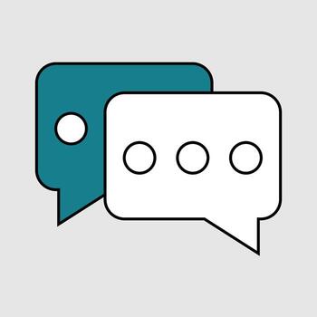 Flat graphic of two overlapping speech bubbles representing conversation, online chat, and social media dialogue. Abstract communication icon vector