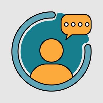 Communication icon representing a person with a speech bubble, symbolizing interaction and dialogue in a simplified, modern graphic style for digital platforms vector