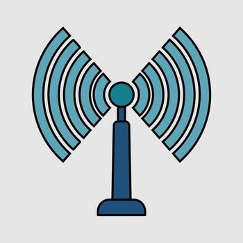 Blue radio tower graphic with broadcast signal waves, an isolated icon for wireless technology and mobile network concepts vector