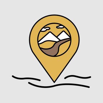 Stylized travel location pin icon with a mountain road landscape. graphic symbol for adventure, navigation, and destination concepts in a simple doodle style vector
