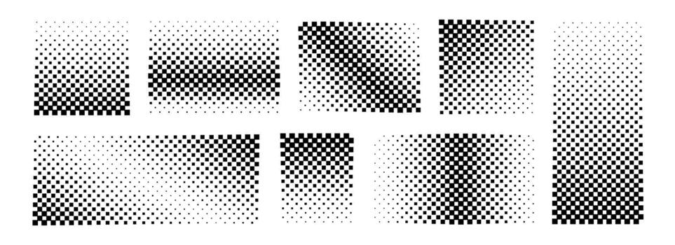 Square halftone gradient collection. Dotted texture square and rectangle patterns. Comic faded background set. Pixelated halfton element group for frame, poster, collage, banner, flyer. vector