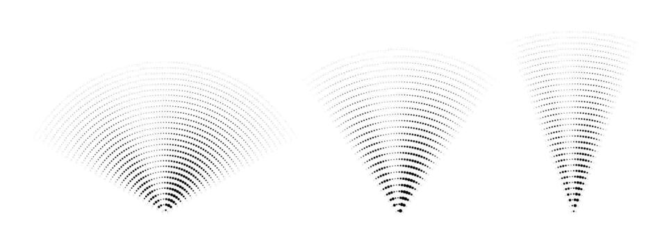 Dotted sound wave signal set. Radial radio or music audio icon collection. Rippled radar vibration element sign bundle. Black dashed curved impulse pack. Fading echo soundwave symbols. vector