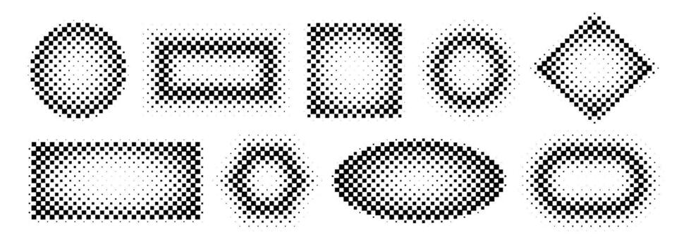 Halftone gradient frame set. Dotted textured round, square, hexagon borders. Cartoon faded background collection. Pixel bitmap element pack for frame, poster, collage, banner. Comic bundle vector