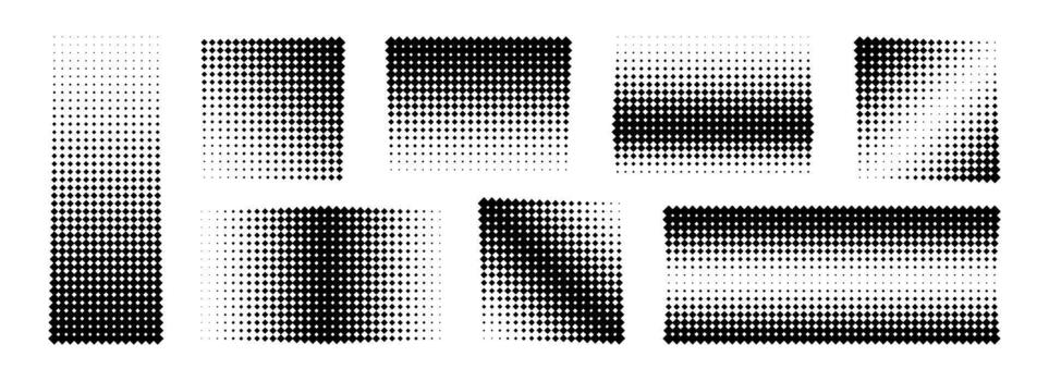 Square halftone gradient set. Dotted texture square and rectangle element collection. Comic faded background pack. Pixelated halfton element group for frame, poster, collage, banner, flyer vector