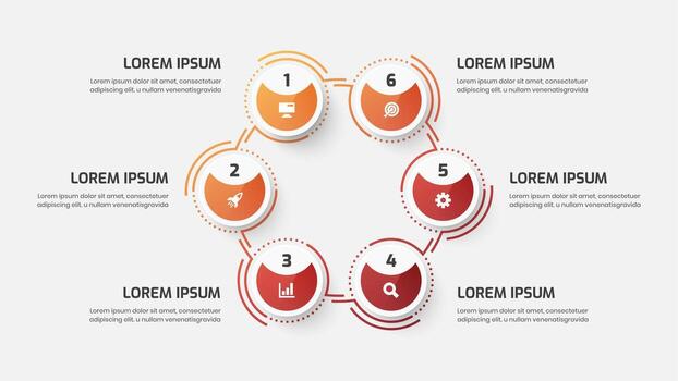Business Infographic Presentation with Gradient Color, Circle Label, Line, Six Numbers and Icons vector