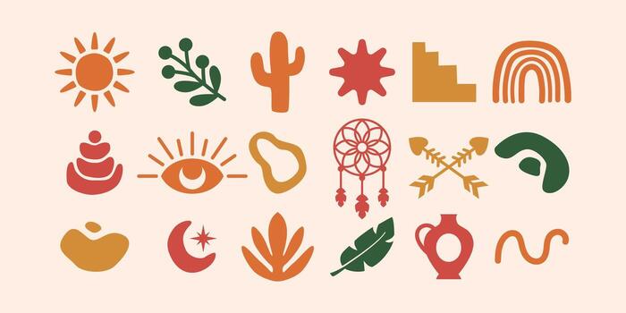 Boho Dreamcatcher Abstract Flat Colored Icon Bundle with Sun Moon Eye Arrow and Cactus Design vector