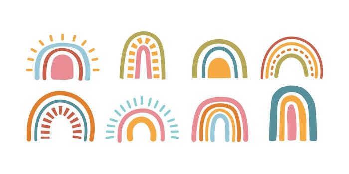 Boho Rainbow Flat Colored Icon Bundle Minimal Aesthetic Abstract Design Set vector