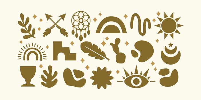 Boho Minimal Flat Colored Icon Bundle with Moon Sun Rainbow Eye Arrow Feather and Abstract Shapes vector