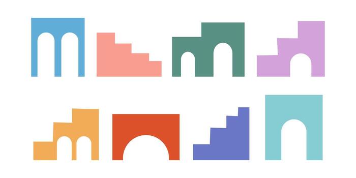 Boho Abstract Staircase House Flat Colored Icon Bundle Minimal Geometric Architectural vector