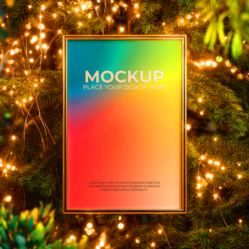goud kader Scherm Aan groenblijvend boom met fee lichten creëren een feestelijk atmosfeer binnenshuis psd