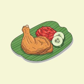 Delicious Fried Chicken with Sambal and Cucumber Slices on a Banana Leaf. vector