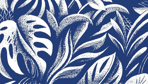 Bold, tropical foliage pattern in deep indigo and white. Hand drawn leaves, including Monstera, use a stipple halftone texture for a dynamic, high contrast jungle background. vector