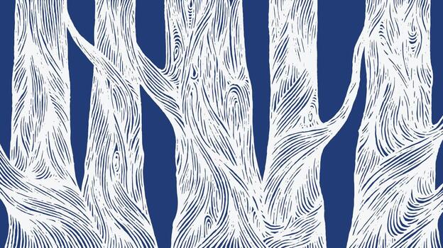 Hand drawn brush lines background pattern featuring stylized, tree trunks wood grain and bark textures. Bold indigo and white art for a natural, rustic, or forest design. vector