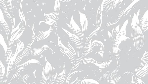 Hand drawn, subtle gray and white pattern featuring flowing underwater seaweed and kelp with bubbles. Engraving-style line work creates a serene, organic aquatic texture or background. vector