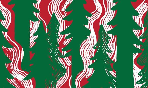 Layered Christmas pattern with dark green pine tree silhouettes over a textured white and red striped background. Bold, hand drawn brush lines create a dynamic, modern holiday textile design. vector