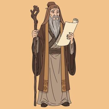 Wise sage character in long robe, holding staff and scroll vector