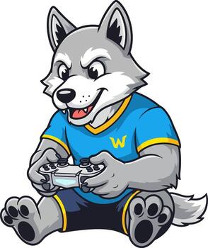 Anthropomorphic wolf playing with controller vector