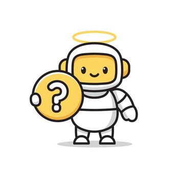 Adorable cartoon astronaut robot holding a yellow question mark icon. Flat style with clean outline, modern and friendly character design perfect for tech, education, or FAQ concepts. vector