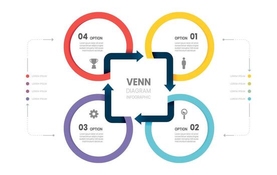 Venn diagram business infographic square circle arrow chart template 4 steps options, presentation with venn diagram elements illustration. vector