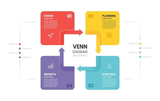 Venn diagram square circle arrow chart template 4 steps options, Business infographic presentation with icons elements . vector