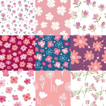 A set of simple floral seamless patterns. A collection of pink flowers. Sketchy flat design. vector