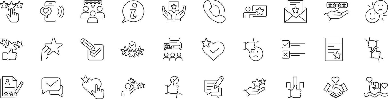 Collection of editable thin line icons featuring assessment, surveys, customer reviews, ratings, likes, comments, and opinions, ideal for feedback, UX, and business projects. vector
