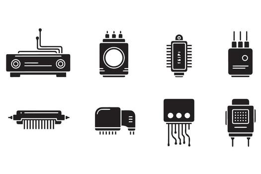 Collection of electronic components and computer hardware icons, isolated on transparent background vector