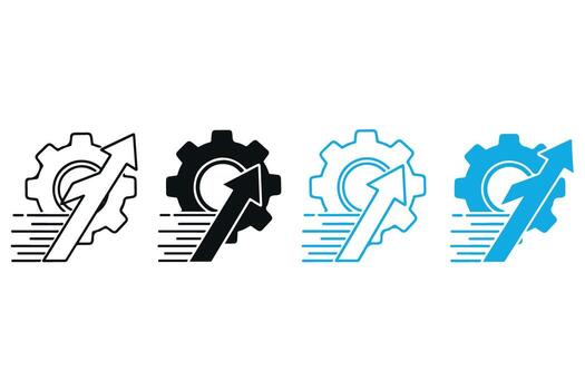 Four stylized icon representing business growth and efficiency, featuring gears and upward trending arrows in various color schemes isolated on transparent background vector