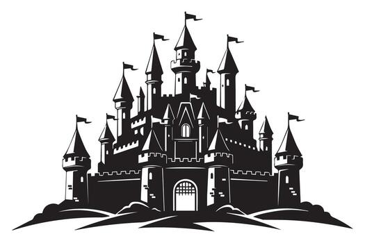 A black and white silhouette of a majestic medieval castle with multiple towers and flags, isolated on transparent background vector