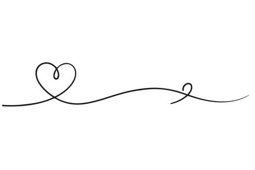 Single continuous line drawing of heart shape connected to a flowing wavy line, isolated on transparent background vector