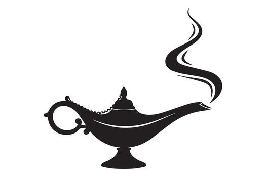Silhouette of a magic genie lamp with smoke emanating from the spout, isolated on transparent background vector