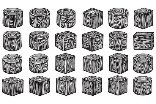 Assortment of wood log crosssections cubes with detailed grain patterns, isolated on transparent background vector