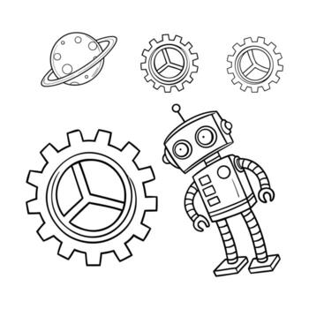 Black and White Line Art Set of Robot, Planet, and Gears vector