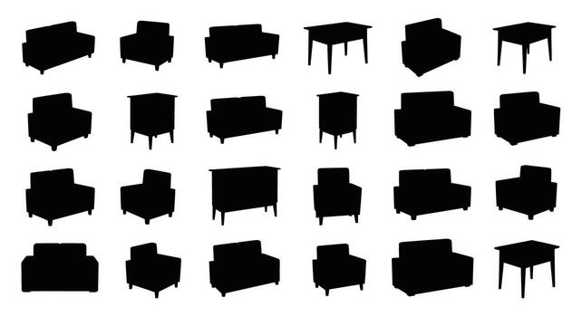 Collection of furniture silhouettes isolated on white background, including sofas, armchairs, and tables in various shapes and styles vector