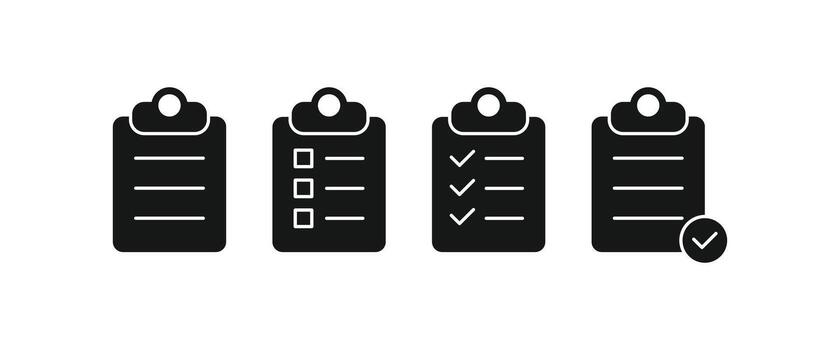 Four solid black icons of document clipboards with checklist and approved task symbols vector
