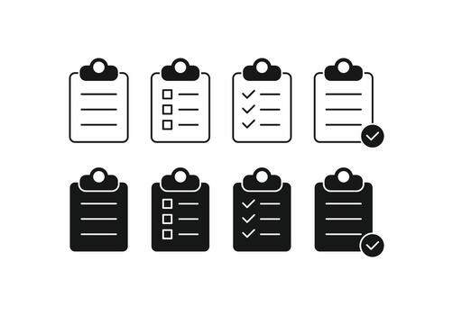 Set of eight checklist and document clipboard icons, featuring outline and solid styles for task management vector