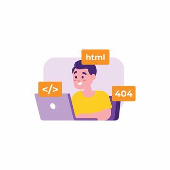 Flat illustration of a young male web developer or programmer working on a laptop. Concept of coding, programming, software development, HTML, 404 error, and website design vector