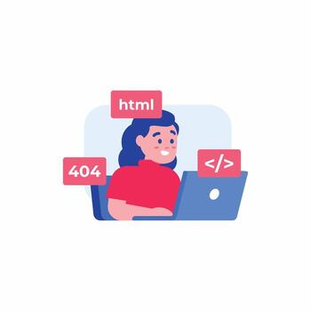 Flat illustration of a female programmer or web developer working on a laptop. Concept of coding, application development, HTML, 404 error, software engineering, and technical support vector